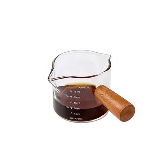 Glass Espresso Measuring Cup – Wood Handle, Single & Double Spout
