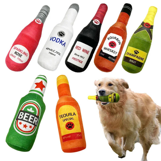 Funny Beer Bottle Plush Dog Toy | Squeaky Chew & Play Toy
